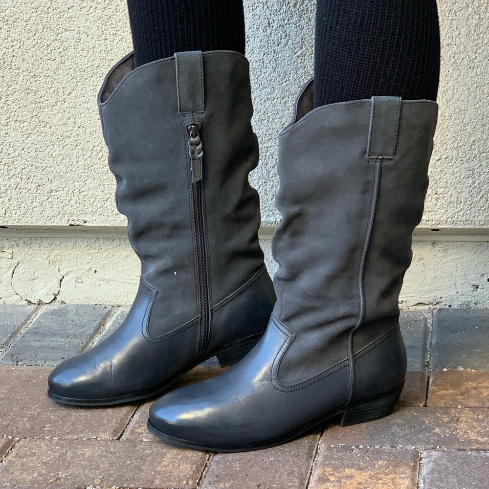Wide Fit Distressed Charcoal Leather Cowboy Boots - Picture 1 of 6